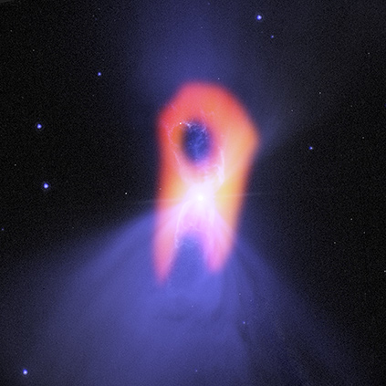 The Boomerang Nebula reveals its true shape with ALMA. The background blue structure, as seen in visible light (HST), shows a classic double-lobe shape with a very narrow central region. ALMA’s ability to see the cold molecular gas reveals the nebula’s more elongated shape, in red. Credit: Bill Saxton; NRAO/AUI/NSF; 