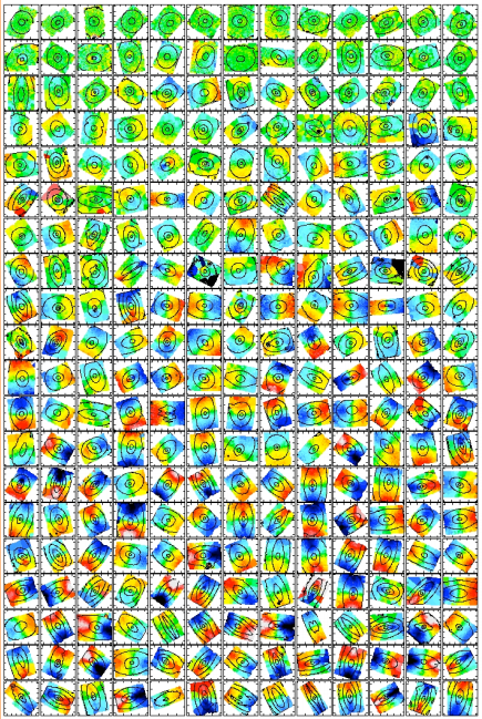 These 260 elliptical galaxies can now be visualised in 3D and their motions properly understood. (Colour coding and black lines as described in Box 3.) (Credit: Krajnović et al. 2011, MNRAS, 414, 2923)